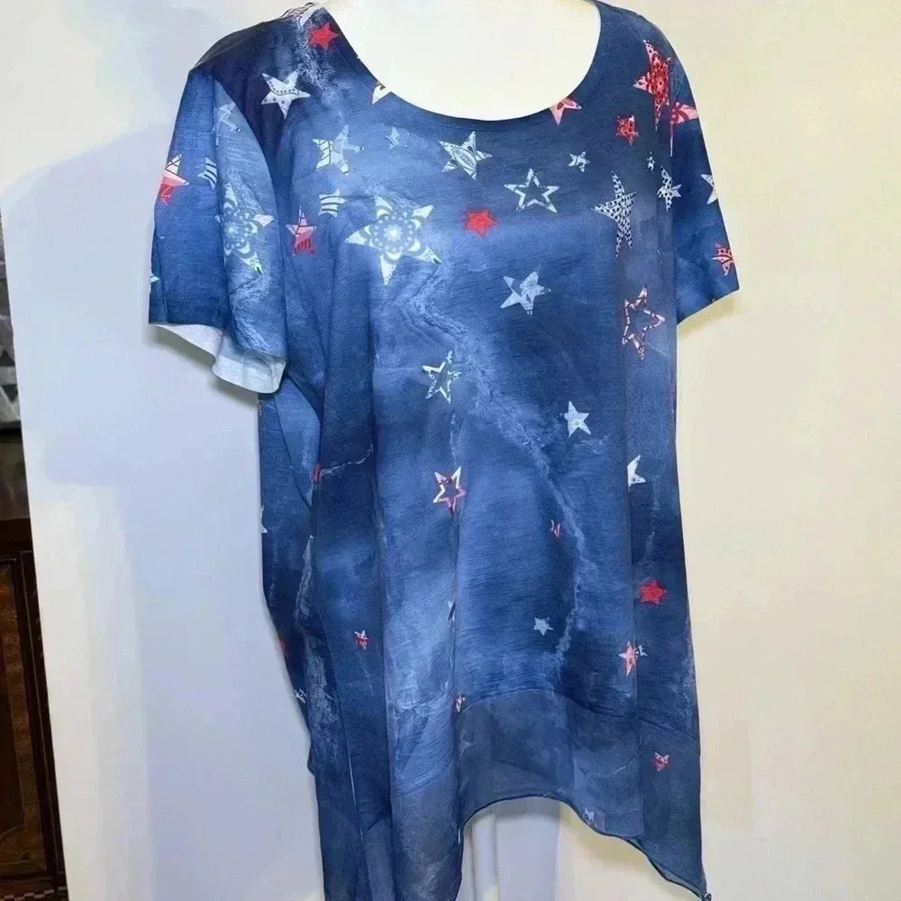 Patriotic motif red.white.blue stars XL feminine short sleeve pretty gauzy hem